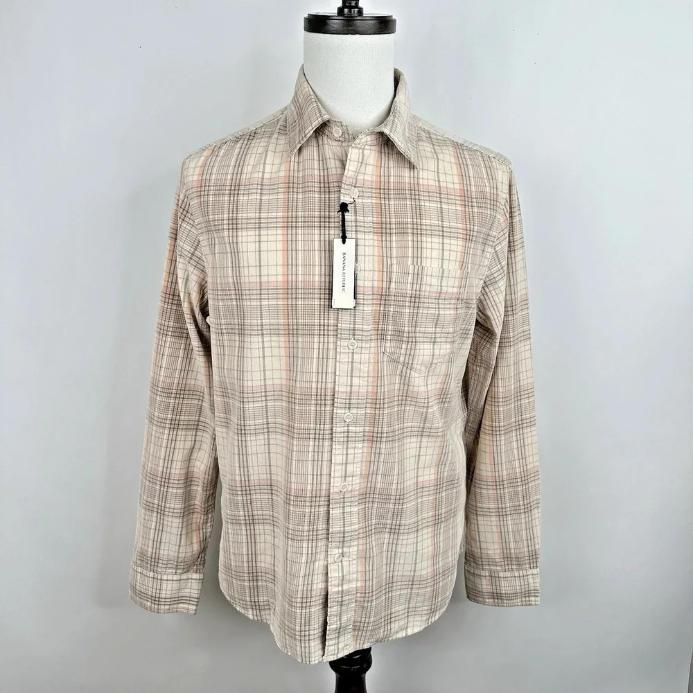 NWT Banana Republic Standard Fit Lightweight Corduroy Shirt MEDIUM‎ Cream Plaid